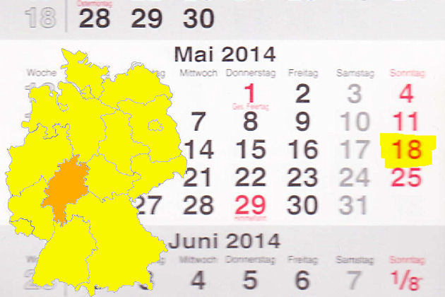 In Hessen laden am 18.05.2014 die Orte Lorsch, Lorch am Rhein, Lich, Haiger, Groß-Rohrheim, Gladenbach, Friedrichsdorf, Eschborn und Bürstadt zum verkaufsoffenen Sonntag ein.