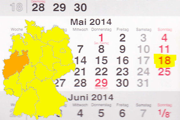 In Nordrhein-Westfalen laden am 18.05.2014 die Orte Bad Laaspe, Bad Salzuflen, Bergheim, Blomberg, Bochum, Bornheim (Rheinland), Coesfeld, Elsdorf (Rheinland), Greven, Grevenbroich, Herten, Kaarst, Kamp Lintfort, Kerken, Kerpen, Kevelaer, Krefeld, Königs