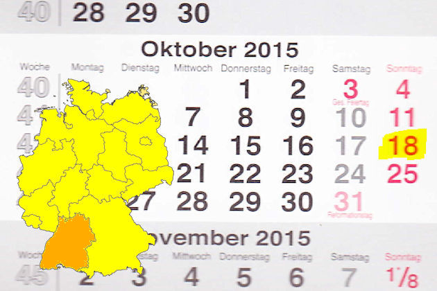 In Baden-Württemberg laden am 18.10.2015 die Orte Adelsheim, Bad Rappenau, Bräunlingen, Eberbach, Ettlingen, Fluorn-Winzeln, Freudenstadt, Friedrichshafen, Furtwangen, Hambrücken, Hardheim, Karlsbad, Korb, Lahr, Leinfelden-Echterdingen, Ludwigsburg-Nor