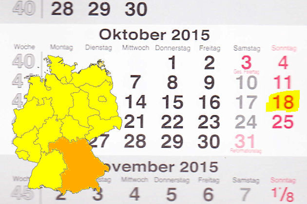 In Bayern laden am 18.10.2015 die Orte Altenmarkt, Aschaffenburg, Au in der Hallertau, Bad Griesbach, Bad Kissingen, Berching, Ergoldsbach, Erlangen, Frammersbach, Freilassing, Haßfurt, Hauzenberg, Hersbruck, Hirschaid, Hunderdorf, Karlstadt, Mainaschaff