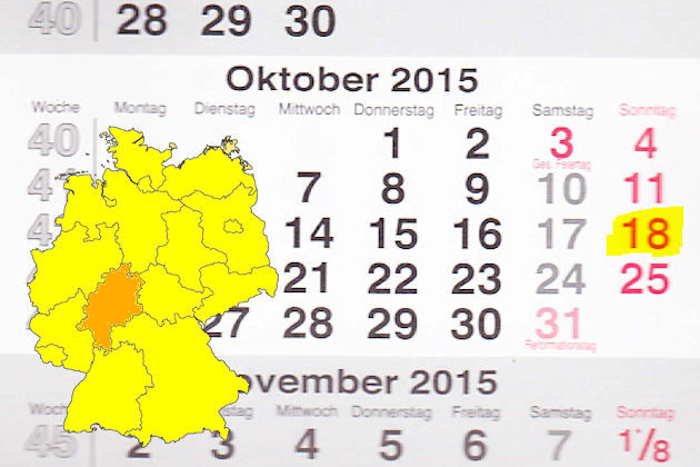 In Hessen laden am 18.10.2015 die Orte Bad Hersfeld, Fulda, Haiger, Hofheim am Taunus, Homberg (Ohm), Limburg a. d. Lahn, Wächtersbach und Wetzlar (teilweise) zum verkaufsoffenen Sonntag ein.