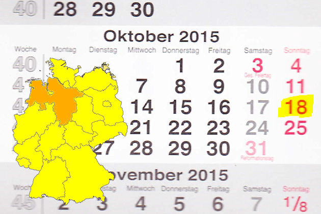 In Niedersachsen laden am 18.10.2015 die Orte Diepholz, Dinklage, Esens, Garrel, Leer, Nordenham, Rastede, Schneverdingen, Seesen, Stade, Stadthagen und Uchte (teilweise) zum verkaufsoffenen Sonntag ein.