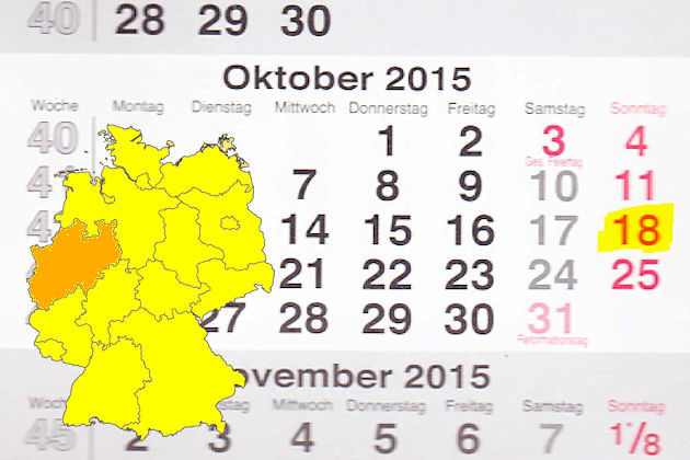 In Nordrhein-Westfalen laden am 18.10.2015 die Orte Beckum, Bornheim (Rheinland), Castrop-Rauxel, Freudenberg, Hagen,   Horn-Bad Meinberg, Höxter, Kerpen, Kirchlengern, Lemgo, Lippstadt, Marsberg, Menden (Sauerland), Metelen, Mettmann,   Nordwalde, Olpe,