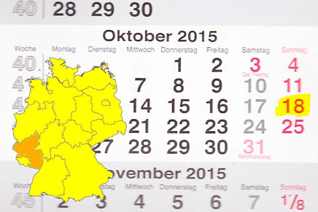 In Rheinland-Pfalz laden am 18.10.2015 die Orte Alzey, Hachenburg, Kaiserslautern, Landau in der Pfalz, Meisenheim, Neuwied, Prüm und Rockenhausen (teilweise) zum verkaufsoffenen Sonntag ein.