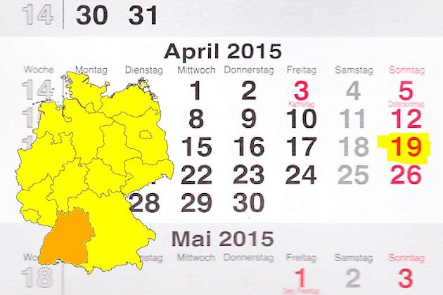 In Baden-Württemberg laden am 19.04.2015 die Orte Aalen, Altensteig, Backnang, Bad Säckingen, Bad Wurzach, Binzen, Crailsheim, Dettingen an der Erms, Friedrichshafen, Helmstadt-Bargen, Meßstetten, Münstertal, Neuenstein, Oberndorf am Neckar, Pfullendo