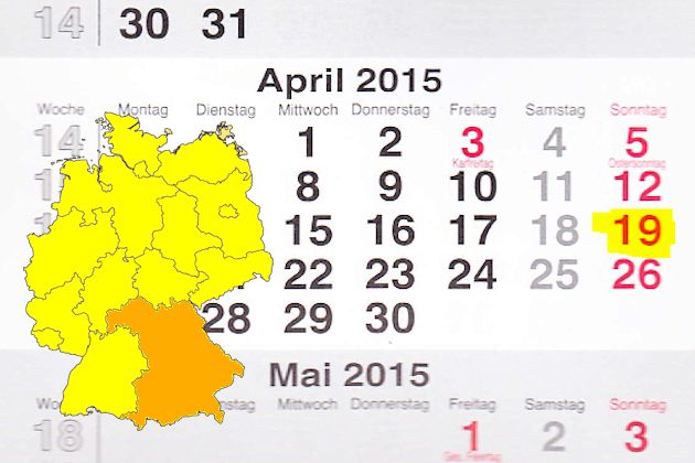 In Bayern laden am 19.04.2015 die Orte Amorbach, Bad Abbach, Bad Kissingen, Bad Königshofen, Burgau, Cham (Oberpfalz), Gilching, Kitzingen, Kötzting, Oberkotzau, Plattling, Schongau, Simbach am Inn, Tirschenreuth, Traunreut, Weiherhammer und Wunsiedel z