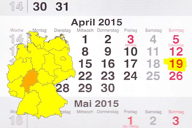 In Hessen laden am 19.04.2015 die Bürstadt, Fürth/Odenwald, Großenlüder, Hilders, Hünfeld, Nauheim, Neckarsteinach und Seligenstadt zum verkaufsoffenen Sonntag ein.