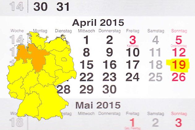 In Niedersachsen laden am 19.04.2015 die Alfeld (Leine), Braunschweig, Diepholz, Einbeck, Gnarrenburg, Munster, Osterholz-Scharmbeck, Otterndorf, Papenburg, Quakenbrück, Rinteln, Rosdorf, Spelle, Uelsen, Varel und Weyhe zum verkaufsoffenen Sonntag ein.