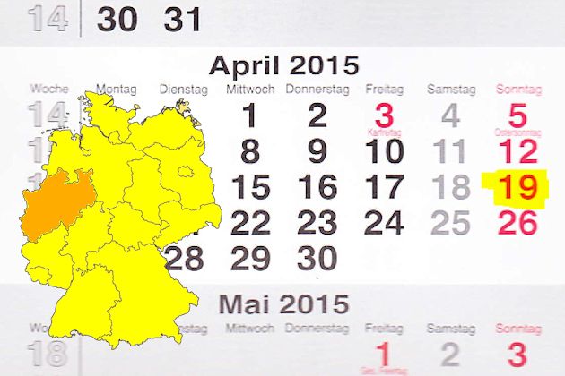 In Nordrhein-Westfalen laden am 19.04.2015 die Orte Beckum, Bergheim, Bielefeld, Dortmund, Erftstadt, Espelkamp, Freudenberg, Harsewinkel, Havixbeck, Herdecke, Kamp-Lintfort, Korschenbroich, Langerwehe, Lengerich (Westfalen), Lennestadt, Linnich, Lotte, M