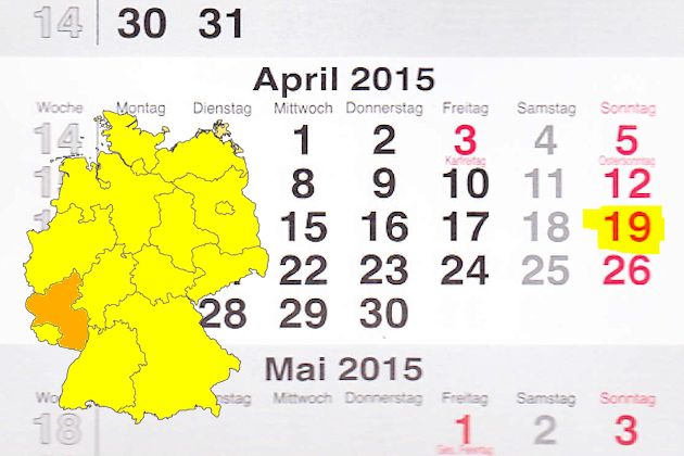 In Rheinland-Pfalz laden am 19.04.2015 die Bad Sobernheim, Bingen am Rhein, Hockenheim, Irrel und Wallmerod zum verkaufsoffenen Sonntag ein.