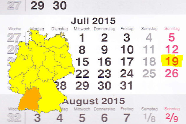 In Baden-Württemberg laden am 19.07.2015 die Orte Hornberg, Karlsruhe, Leinfelden-Echterdingen, Sachsenheim und Sinsheim (teilweise) zum verkaufsoffenen Sonntag ein.