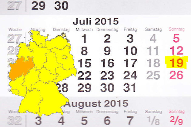 In Nordrhein-Westfalen laden am 19.07.2015 die Orte Iserlohn und Weeze (teilweise) zum verkaufsoffenen Sonntag ein.
