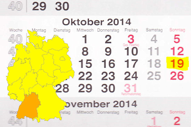 In Baden-Württemberg laden am 19.10.2014 die Orte Friedrichshafen, Hardheim, Krautheim, Lahr/schwarzwald, Leinfelden-Echterdingen, Leutkirch im Allgäu, Pfullendorf, Reutlingen, Schiltach, Sontheim an der Brenz, Tauberbischofsheim zum verkaufsoffenen Son