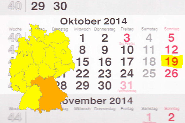 In Bayern laden am 19.10.2014 die Orte Bad Griesbach, Bad Kissingen, Erlangen, Haßfurt, Mainaschaff, Nördlingen, Oberkotzau, Passau, Schwabach, Viechtach und Zirndorf zum verkaufsoffenen Sonntag ein.
