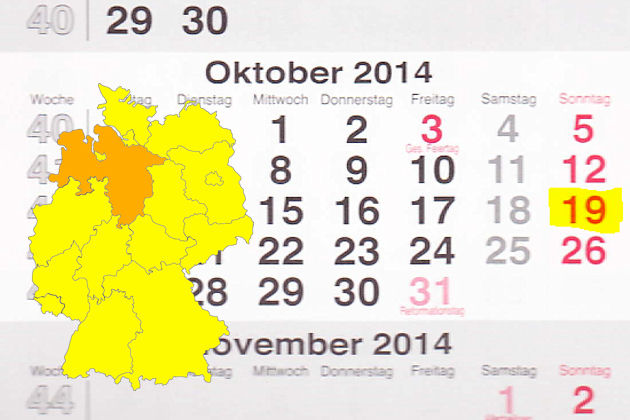 In Niedersachsen laden am 19.10.2014 die Orte Bodenwerder, Cadenberge, Diepholz, Dinklage, Esens, Garrel, Hilter am Teutoburger Wald, Meppen, Neustadt am Rübenberge, Nordenham, Papenburg, Rastede, Schneverdingen, Seesen, Stade, Stadthagen, Uchte, Wallenh