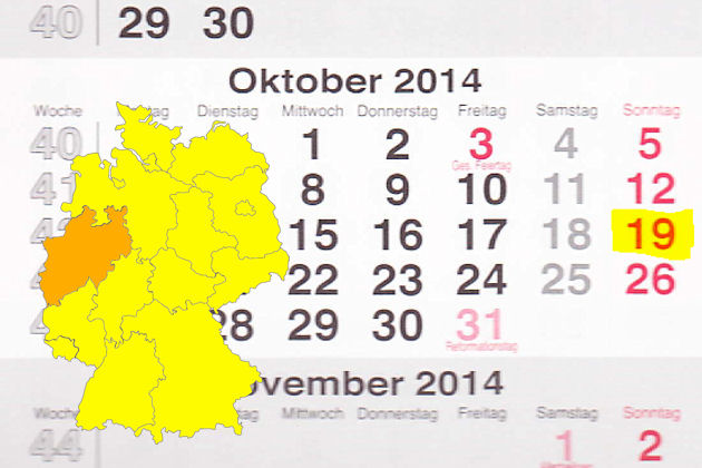 In Nordrhein-Westfalen laden am 19.10.2014 die Orte Beckum, Bornheim (Rheinland), Castrop-Rauxel, Delbrück, Dortmund, Freudenberg, Horn-Bad Meinberg, Höxter, Kerpen, Kirchlengern, Lemgo, Lippstadt, Marsberg, Metelen, Olpe, Rees, Reken, Rheine, Stadtlohn