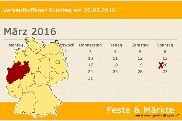 In Nordrhein-Westfalen laden am 20.03.2016 die Orte Baesweiler, Bornheim (Rheinland), Burgsteinfurt, Dormagen, Dortmund, Dülmen, Emmerich am Rhein, Geilenkirchen, Geseke, Gladbeck, Harsewinkel, Höxter, Jülich, Kalkar, Kall, Kevelaer, Marsberg, Neuenkir