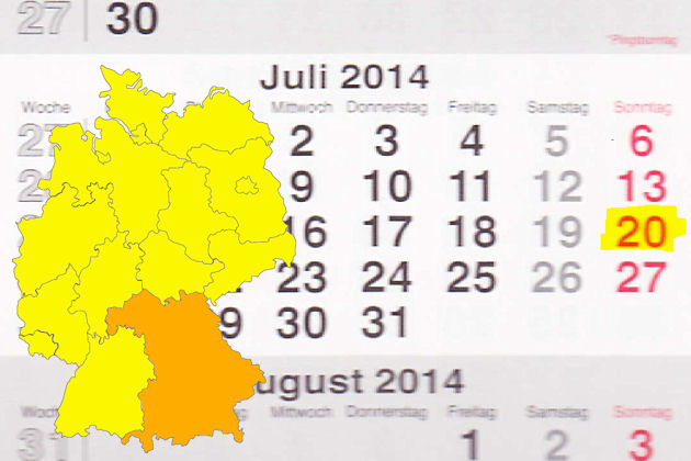 In Bayern laden am 20.07.2014 die Orte Altomünster, Beilngries, Feucht, Fürstenfeldbruck, Heilsbronn, Merkendorf, Neubrunn, Neunkirchen am Brand, Osterhofen und Zeil a. Main zum verkaufsoffenen Sonntag ein.
