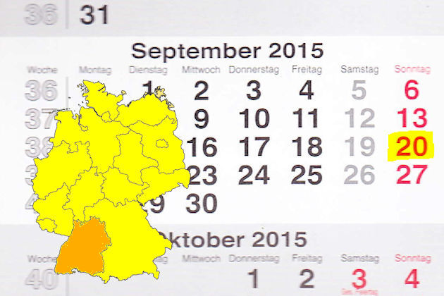 In Baden-Württemberg laden am 20.09.2015 die Orte Breisach, Burladingen, Crailsheim, Eislingen/Fils, Ellwangen (Jagst), Gingen an der Fils, Grafenhausen, Güglingen, Ingelfingen, Jettingen-Scheppach, Karlsruhe, Köngen, Leonberg, Pfalzgrafenweiler, Pfinz