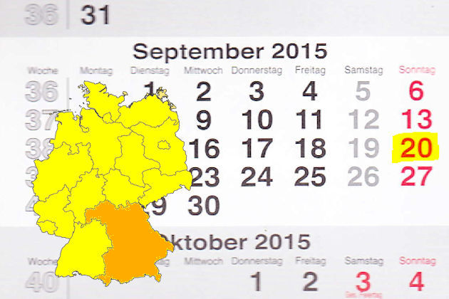 In Bayern laden am 20.09.2015 die Orte Aindling, Arnstorf, Burghausen, Burglengenfeld, Geisenfeld, Gunzenhausen, Hemau, Langquaid, Lichtenfels, Münchberg, Neuötting, Neusäß, Obernburg am Main, Ortenburg, Regen, Thalmässing, Waging und Wangen (teilwei