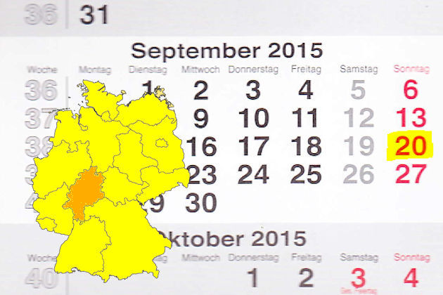 In Hessen laden am 28.09.2015 die Orte Bad Arolsen, Eiterfeld, Flörsheim am Main, Friedberg (Hessen), Gernsheim, Gersfeld, Lorsch, Schwalmstadt, Seligenstadt und Trebur (teilweise) zum verkaufsoffenen Sonntag ein.