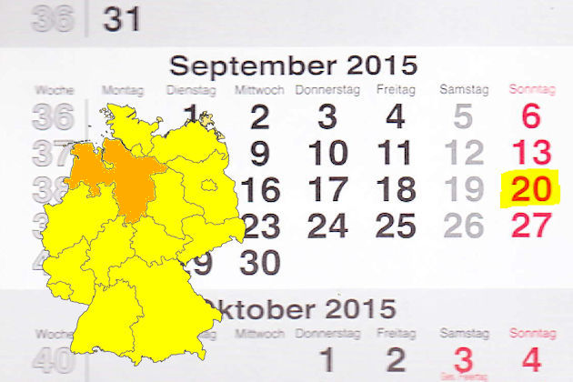 In Niedersachsen laden am 20.09.2015 die Orte Alfeld (Leine), Bad Bentheim, Bad Pyrmont, Eschershausen, Ganderkesee, Haren (Ems), Lastrup, Lilienthal, Northeim, Selsingen und Twist (teilweise) zum verkaufsoffenen Sonntag ein.