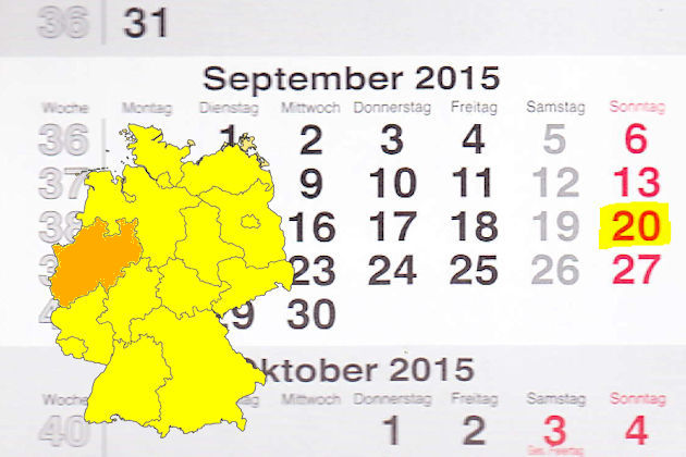 In Nordrhein-Westfalen laden am 20.09.2015 die Orte Ahlen, Bad Driburg, Bad Godesberg, Bad Waldliesborn, Bielefeld, Billerbeck, Bochum, Borken, Bornheim (Rheinland), Delbrück, Düren, Düsseldorf, Essen, Euskirchen, Fröndenberg/Ruhr, Greven, Gronau, Hen