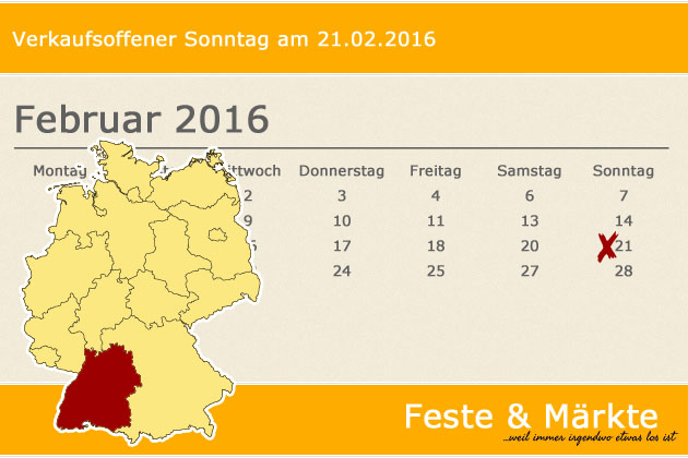 In Baden-Württemberg haben wir für den 21.02.2016 leider keine regulären verkaufsoffenen Sonntage gefunden, dafür haben wir aber spezielle Shoppingtipps für Stuttgart und Heidelberg.