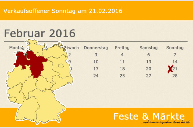 In Niedersachsen lädt am 21.02.2016 nur der Ort Spelle zum verkaufsoffenen Sonntag ein.