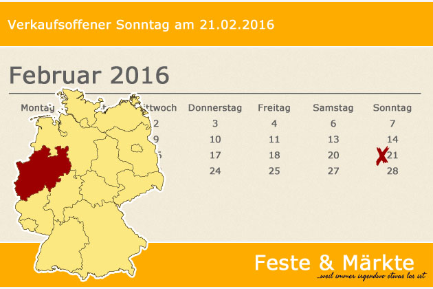 In Nordrhein-Westfalen haben wir für den 21.02.2016 leider keine regulären verkaufsoffenen Sonntage gefunden, dafür haben wir aber spezielle Shoppingtipps für Dortmund, Düsseldorf, Essen und Köln sowie für die grenznahen Regionen.