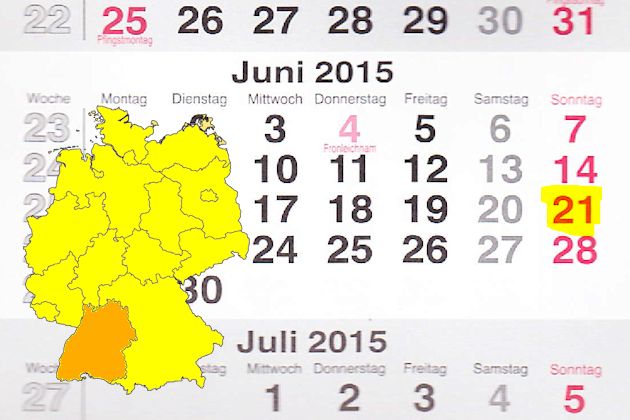 In Baden-Württemberg laden am 21.06.2015 die Orte Bad Rappenau, Laufenburg (Baden), Mössingen, Neckargemünd, Neuenburg am Rhein, Stuttgart und Waldenbuch (teilweise) zum verkaufsoffenen Sonntag ein.