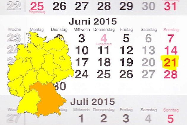 In Bayern laden am 21.06.2015 die Orte Burglengenfeld, Burgoberbach, Dingolfing, Erbendorf, Ochsenfurt, Parsberg, Titting und Traunstein (teilweise) zum verkaufsoffenen Sonntag ein.