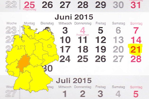 In Hessen laden am 21.06.2015 die Orte Bebra, Fürth (Odenwald), Mühlheim am Main, Ostheim vor der Rhön und Wallau (teilweise) zum verkaufsoffenen Sonntag ein.