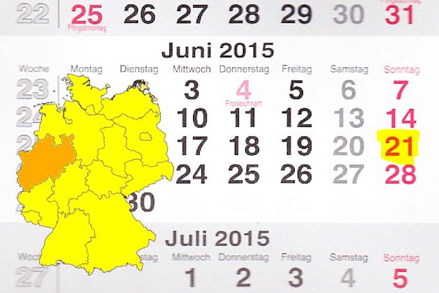 In Nordrhein-Westfalen laden am 21.06.2015 die Orte Aachen, Ahlen, Balve, Beckum, Bergheim, Bergisch Gladbach, Billerbeck, Dorsten, Dortmund, Erwitte, Everswinkel, Herdecke, Krefeld, Mönchengladbach, Ratingen, Remscheid, Rheinberg, Rödinghausen, Straele