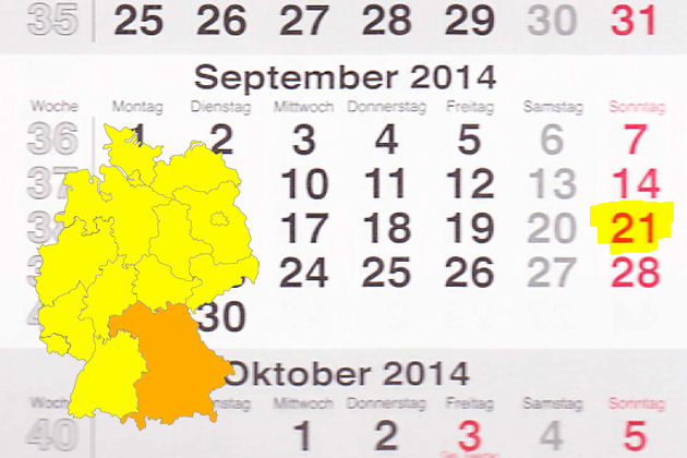 In Bayern laden am 21.09.2014 die Orte Arnstorf, Bad Füssing, Burglengenfeld, Geisenfeld, Gunzenhausen, Langquaid, Lauingen (Donau), Neuötting, Oberviechtach, Pappenheim, Regen, Schwabach und Thalmässing zum verkaufsoffenen Sonntag ein.