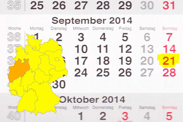 In Nordrhein-Westfalen laden am 21.09.2014 die Orte Alfter, Bad Driburg, Bad Godesberg, Bad Salzuflen, Bad Waldliesborn, Beckum, Bedburg, Bielefeld, Billerbeck, Bornheim (Rheinland), Delbrück, Düren, Düsseldorf, Essen, Greven, Gronau, Heiligenhaus, Hen