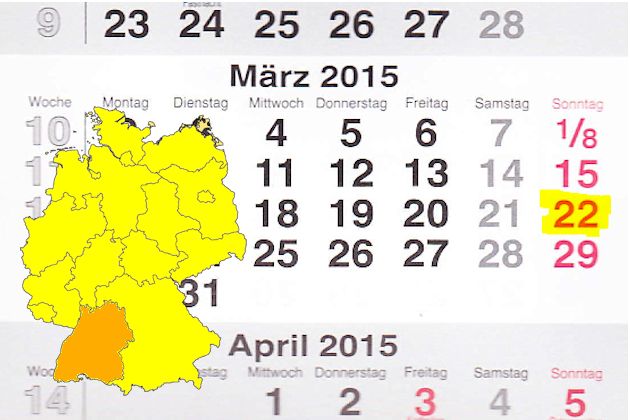 In Baden-Württemberg laden am 22.03.2015 die Orte Bad Schussenried, Baden-Baden, Bopfingen, Eberbach, Ebersbach an der Fils, Endingen, Ettenheim, Haslach im Kinzigtal, Herrenberg, Karlsruhe, Kirchzarten, Konstanz, Lauchringen, Ludwigsburg, Mosbach, Östr