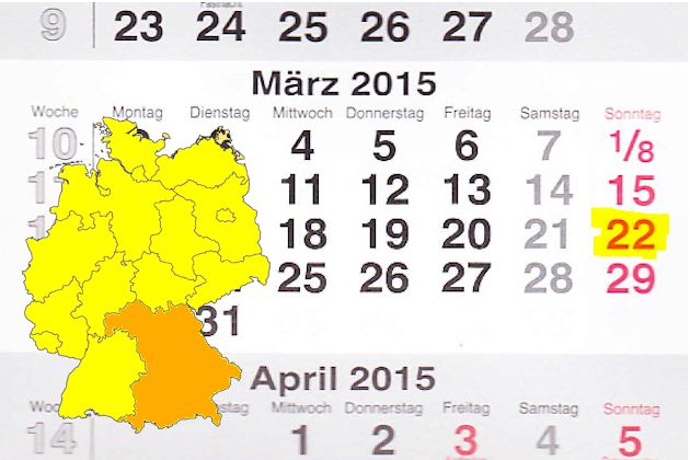 In Bayern laden am 22.03.2015 die Orte Altötting, Beilngries, Coburg, Deggendorf, Dietfurt, Freising, Hammelburg, Hirschaid, Hof (Saale), Lohr am Main, Ludwigsstadt, Mainaschaff, Mellrichstadt, Miesbach, Miltenberg, Mindelheim, Münchberg, Neunburg vorm 