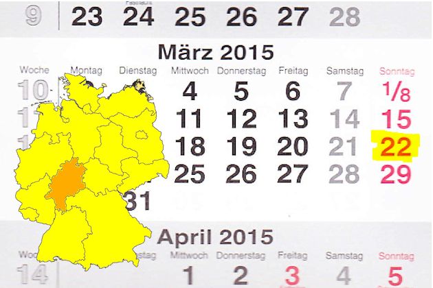 In Hessen laden am 22.03.2015 die Orte Bad Arolsen, Bad Hersfeld, Bad Orb, Bruchköbel, Elz, Heppenheim, Idstein, Kaufungen, Kronberg im Taunus, Marburg, Rödermark, Seeheim-Jungenheim, Trebur, Viernheim, Weilburg, Weiterstadt und Wiesbaden zum verkaufsof