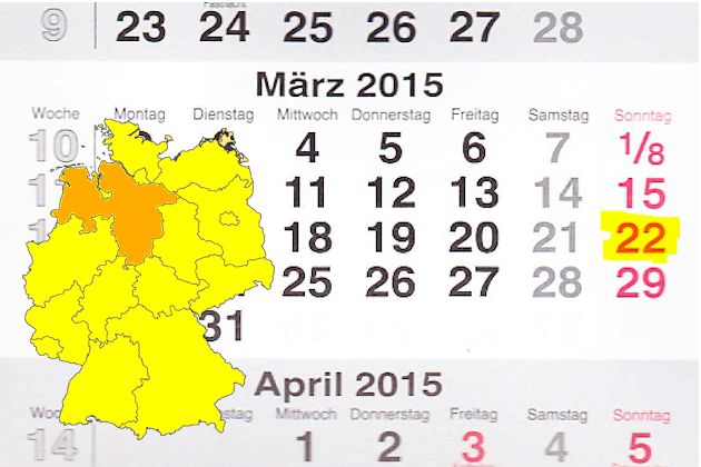 In Niedersachsen laden am 22.03.2015 die Orte Braunschweig, Dannenberg, Dörpen, Duderstadt, Duingen, Emlichheim, Garrel, Holzminden, Lingen (Ems), Marienhafe, Melle, Northeim, Ottersberg, Rhauderfehn, Stade, Stadthagen, Tarmstedt, Thedinghausen, Verden, 