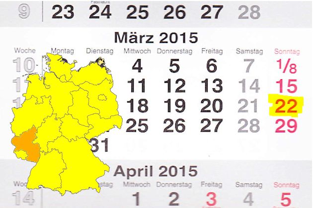 In Rheinland-Pfalz laden am 22.03.2015 die Orte Adenau, Bad Dürkheim, Bad Kreuznach, Bitburg, Boppard, Cochem an der Mosel, Germersheim, Hachenburg, Kirchberg (Hunsrück), Landau in der Pfalz, Linz am Rhein, Meisenheim, Montabaur, Oppenheim, Simmern im H