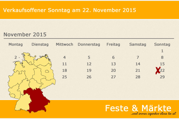 In Bayern laden am 22.11.2015 die Orte Bad Aibling, Berching, Burglengenfeld, Dachau, Geisenhausen, Hauzenberg, Herrieden, Krumbach (Schwaben), Marktredwitz, Meitingen, Mering, Neustadt an der Donau, Nittenau, Oberickelsheim, Regenstauf, Reisbach, Rotthal