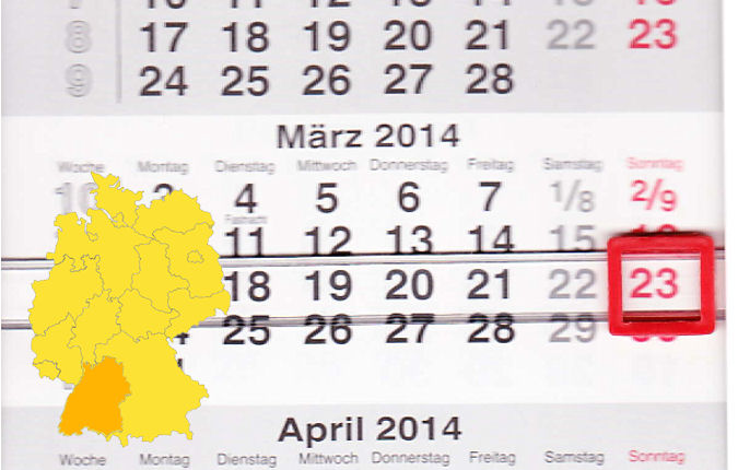 In Baden-Württemberg laden am 23.03.2014 Albstadt, Bad Friedrichshall, Bodelshausen, Bruchsal, Ettenheim, Friesenheim (Baden), Gengenbach, Hardheim, Herrenberg, Korb, Ludwigsburg, Pfullingen, Reilingen, Schorndorf und Walldürn zum verkaufsoffenen Sonnta