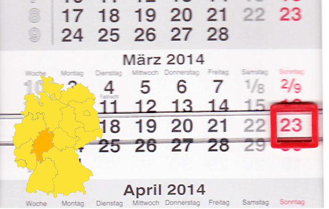 In Hessen laden am 23.03.2014 Birkenau, Friedberg (Hessen), Heppenheim, Hofheim am Taunus, Idstein, Karben, Lorsch und Wetzlar zum verkaufsoffenen Sonntag ein.