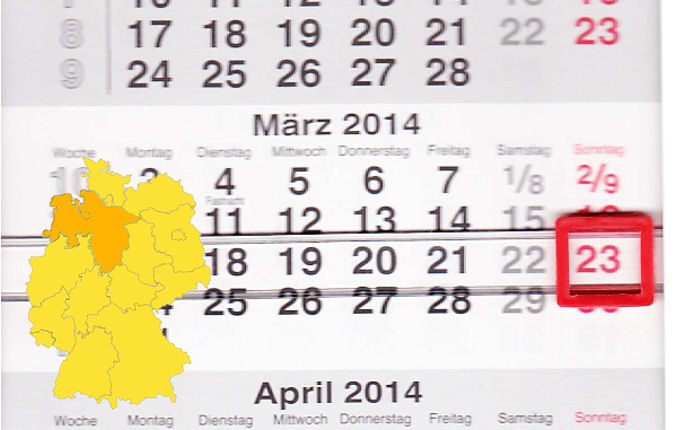 In Niedersachsen laden am 23.03.2014 Emstek, Helmstedt, Melle, Nordhorn, Pattensen, Varel, Verden (Aller), Wallenhorst und Wunstorf zum verkaufsoffenen Sonntag ein.