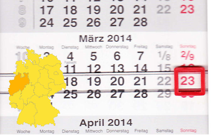 Im Bundesland Nordrhein-Westfalen laden am 23.03.2014 Delbrück, Dülmen, Düsseldorf, Frechen, Geseke, Gütersloh, Haan, Herne-Wanne, Issum, Rahden, Rees, Rheda-Wiedenbrück und Südlohn zum verkaufsoffenen Sonntag ein.