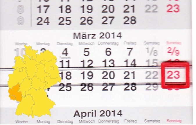 In Rheinland-Pfalz laden am 23.03.2014 Boppard, Gerolstein, Meisenheim, Polch, Ransbach-Baumbach, Speicher und Weilerbach zum verkaufsoffenen Sonntag ein.