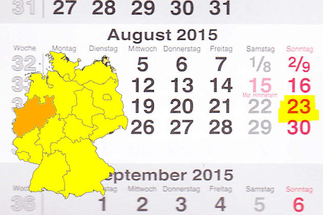 In Nordrhein-Westfalen laden am 23.08.2015 die Orte Bad Münstereifel, Heiligenhaus, Lippetal, Ratingen, Rheine und Versmold (teilweise) zum verkaufsoffenen Sonntag ein.