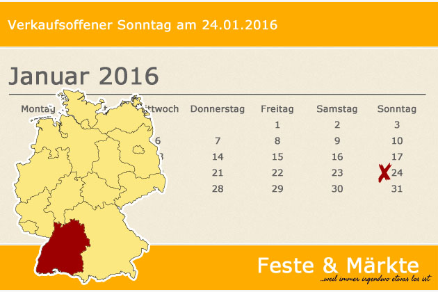 In Baden-Württemberg haben wir für den 24.01.2016 leider keine regulären verkaufsoffenen Sonntage gefunden, dafür haben wir aber spezielle Shoppingtipps für Stuttgart und Heidelberg.