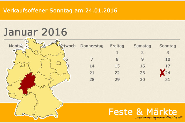 In Hessen haben wir für den 24.01.2016 leider keine regulären verkaufsoffenen Sonntage gefunden, dafür haben wir aber spezielle Shoppingtipps für Frankfurt am Main, Wiesbaden, Kassel und Darmstadt.